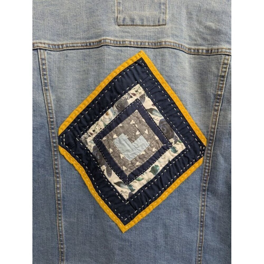 Good Fellow One of a kind jean jacket, hand quilted heart patch women's Large - Picture 3 of 8